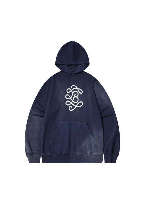 White Ink Printed Logo Long Sleeve Hoodie-Grey Blue